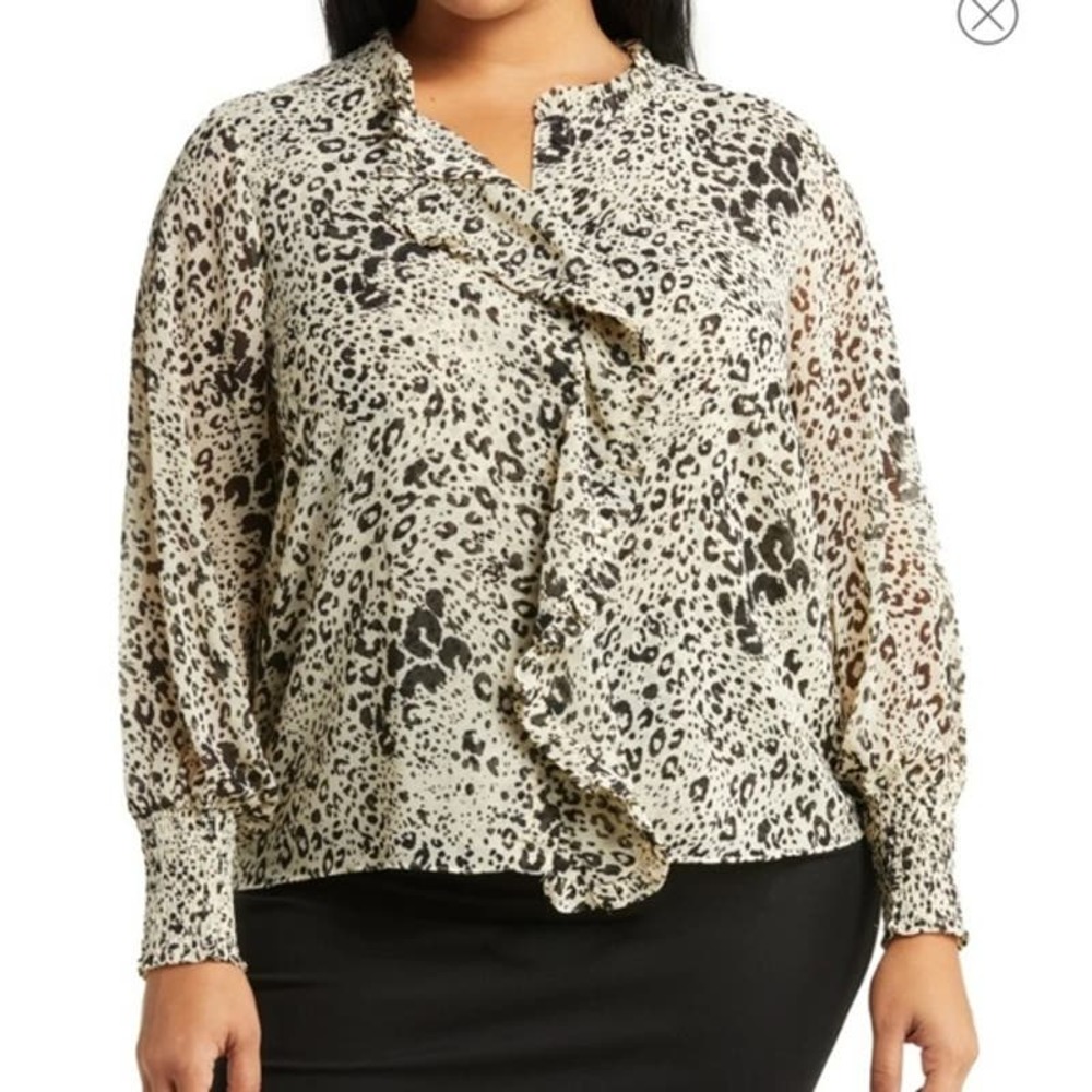 T Tahari Woman Animal Print Sheer Long Sleeve Blouse Size 2X